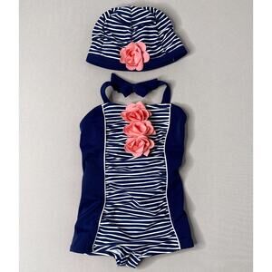Janie & Jack Navy Stripe Pink Rosette Retro-Style Swimsuit/Swim Cap Set Girls 2T